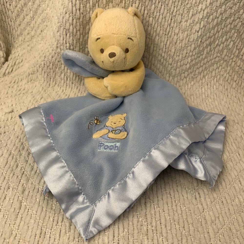 Disney Baby Winnie the Pooh Security Blanket Unisex Blue Satin Trim Lovey 2008